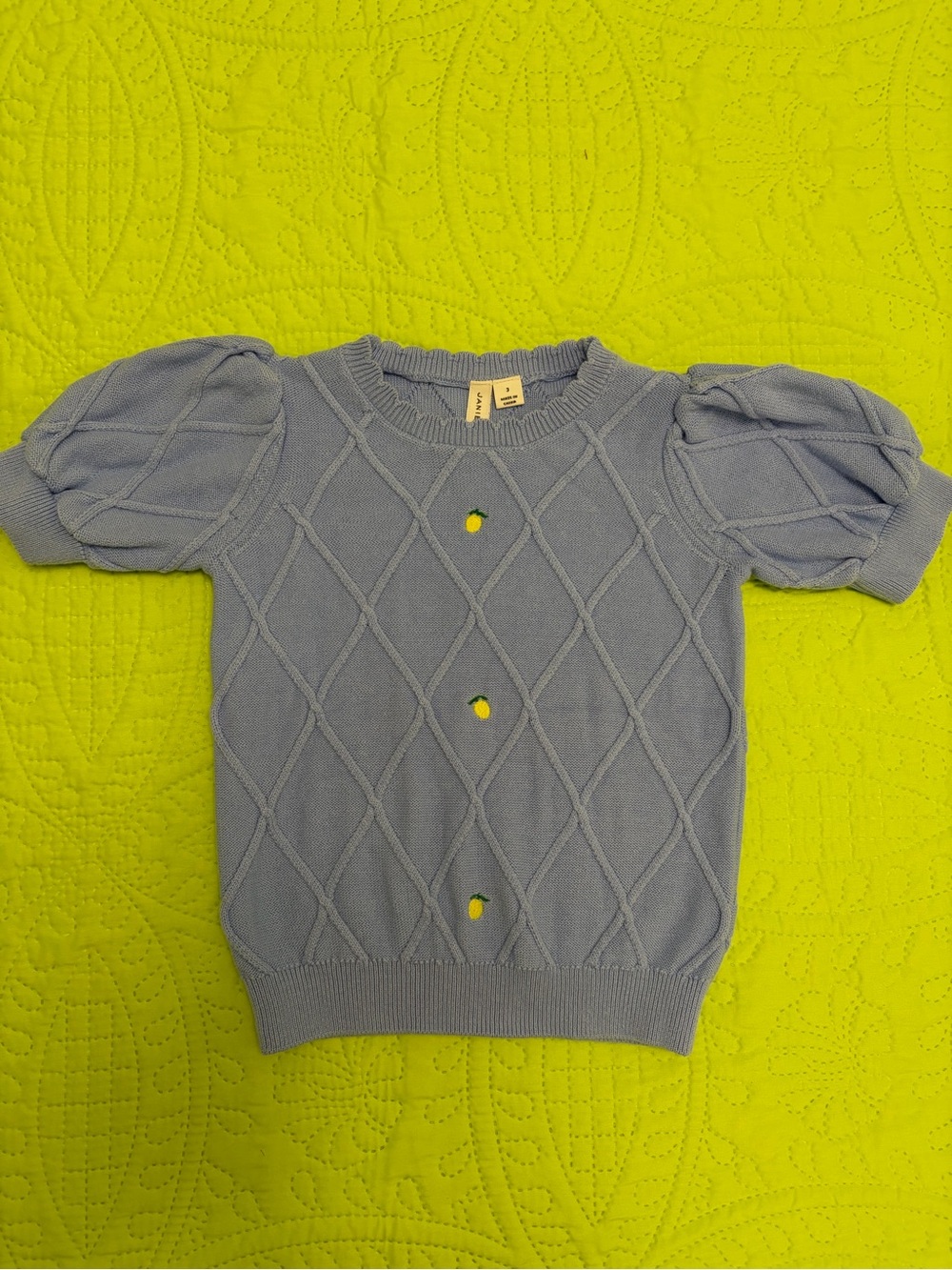 Janie and Jack Light Blue Diamond Knit Puff Sleeve Top with Lemon Embroideries